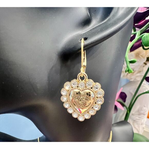 Gucci Gold & Crystal GG Heart Monogram Dangle Earrings (GGXX044) - Picture 3 of 6
